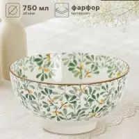 Салатник &laquo;Гармония лепестков&raquo;, 750 мл, 15.5&times;8.5 см, фарфор, белая, зелёная