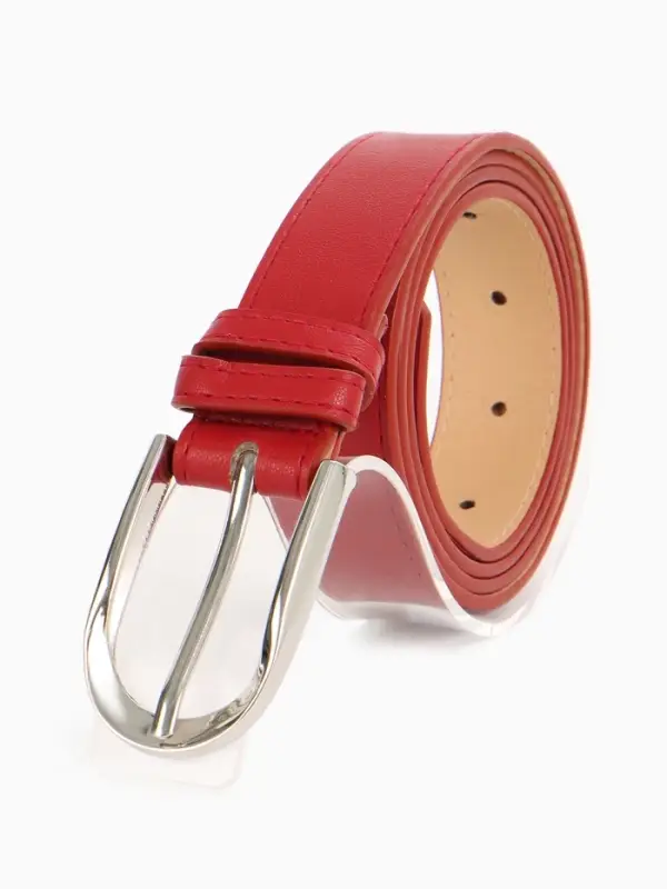 Ремень женский, 110&times;2.8 см, овальная пряжка металл, серебристая, красный