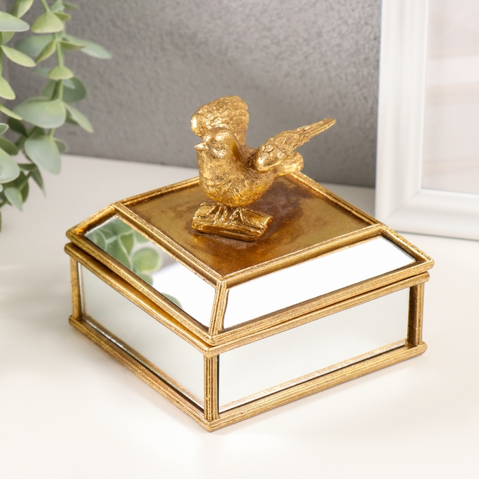 Шкатулка полистоун, зеркало  Шкатулка полистоун, зеркало "Золотая птичка" 10,5х10,5х10 см