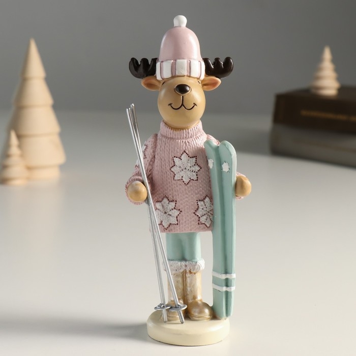Сувенир полистоун Сувенир полистоун "Лосик в розовом свитере и шапке, с лыжами" 7,3х5х17,5 см