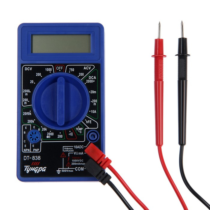 Мультиметр ТУНДРА, DT-838, ACV/DCV, DCA, 200-2МΩ, прозвон, TEMP C° Мультиметр ТУНДРА, DT-838, ACV/DCV, DCA, 200-2МΩ, прозвон, TEMP C°