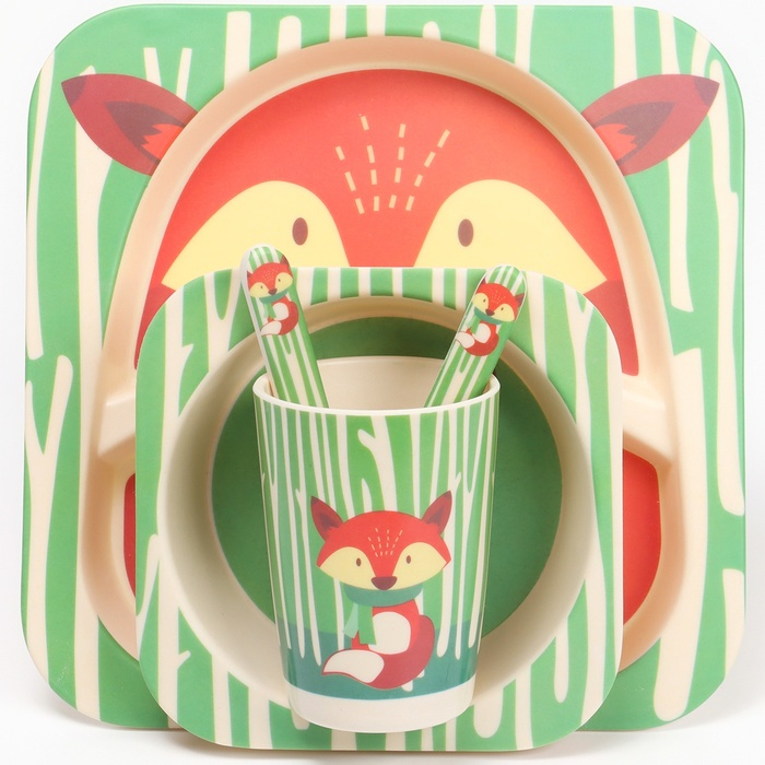 Набор детской посуды «Лисичка», из бамбука, 5 предметов: тарелка, миска, стакан, столовые приборы Набор детской посуды «Лисичка», из бамбука, 5 предметов: тарелка, миска, стакан, столовые приборы