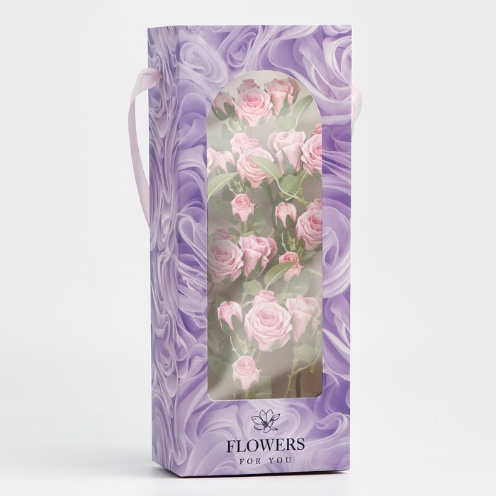 Пакет-переноска для цветов с пластиковым окном, Flowers, сиреневая, 30 х 12 х 8 см Пакет-переноска для цветов с пластиковым окном, Flowers, сиреневая, 30 х 12 х 8 см