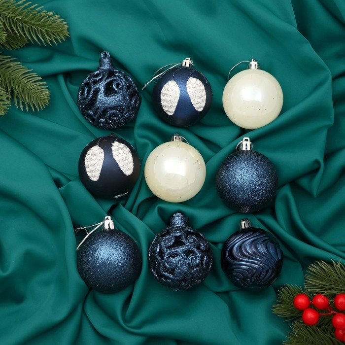 Набор шаров пластик d-6 см, 9 шт Набор шаров пластик d-6 см, 9 шт "Мелодия" орнамент волны, синий белый