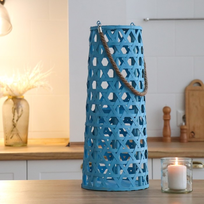 Подсвечник дерево  Подсвечник дерево "Фонарик. Звёздное плетение" голубой 51х16х16 см