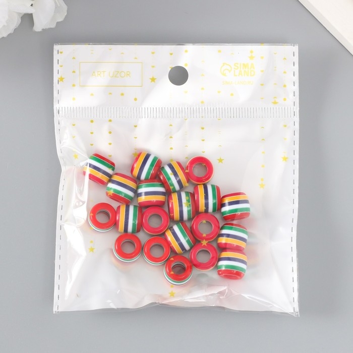 Бусины для творчества пластик "Полосатый цилиндр с красным" набор 20 шт 1х1,2х1,2 см