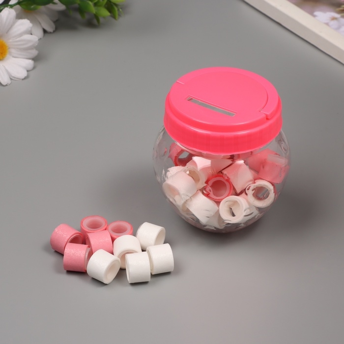 Клейкая лента пластик в банке  Клейкая лента пластик в банке "Белый и розовый" н-р 40 шт 1,2 см, дл. 0,9 м 7х7х9 см