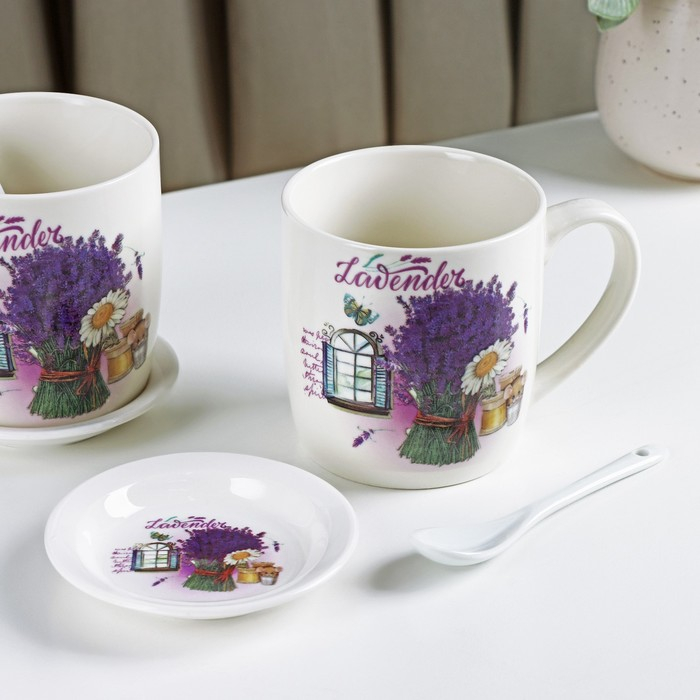 Набор кружек керамических с ложками и подставками &laquo;Букет лаванды&raquo;, 2 предмета: 330 мл, рисунок МИКС