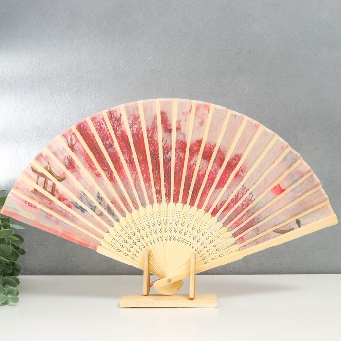 Веер бамбук, текстиль h=23 см  Веер бамбук, текстиль h=23 см "Вечер на реке" красный, с кисточкой