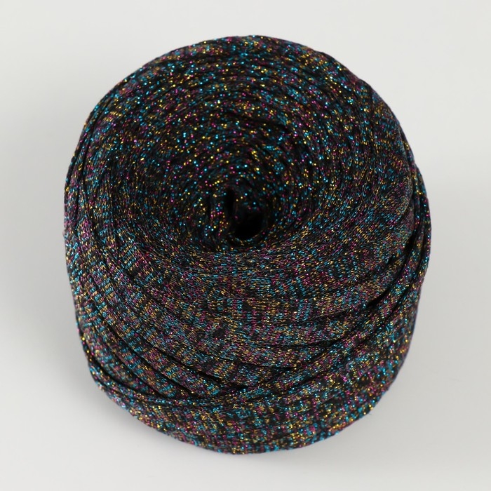 Трикотажная пряжа "Риббон" с люрексом 85м/170&plusmn;5 гр (Черный, люрекс: Радуга)