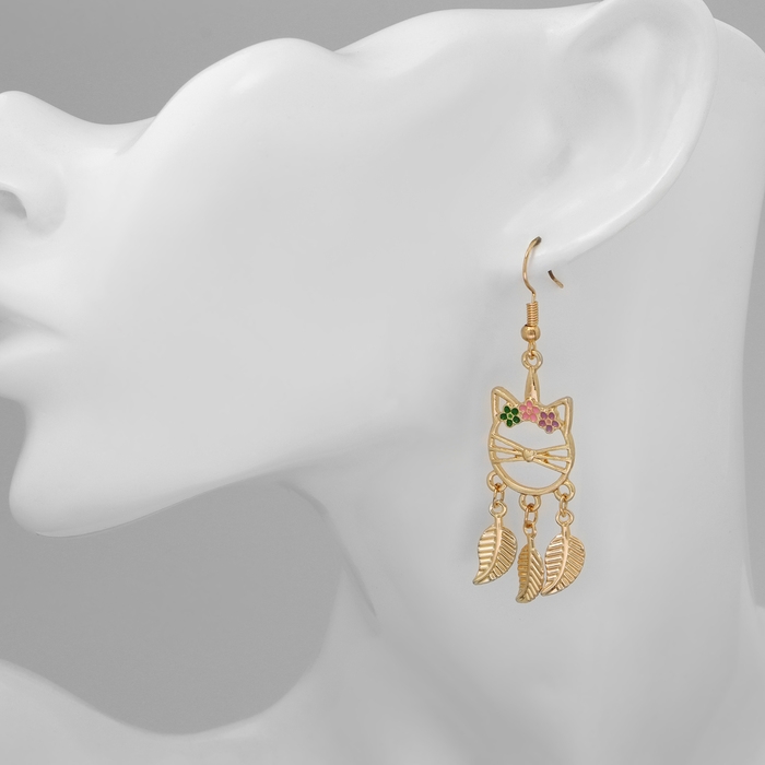 Серьги эмаль «Кошка» с листьями, цветные в золоте Серьги эмаль «Кошка» с листьями, цветные в золоте