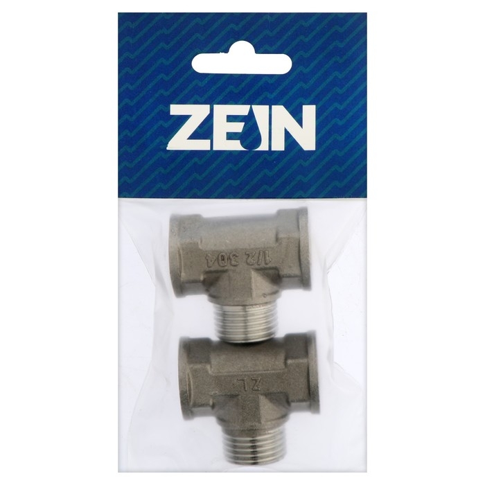 Тройник ZEIN, 1/2 Тройник ZEIN, 1/2", внутренняя/наружная/внутренняя резьба, нержавеющая сталь, фасовка 2 шт.