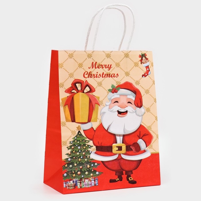 Новый год. Пакет бумажный подарочный новогодний крафт Новый год. Пакет бумажный подарочный новогодний крафт "Дед Мороз с подарком", 27 х 21 х 11 см.