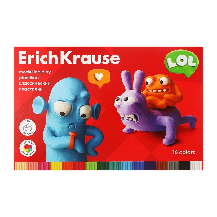Пластилин 16 цветов, 288 г, ErichKrause Пластилин 16 цветов, 288 г, ErichKrause "Jolly Friends", со стеком, в картонной упаковке