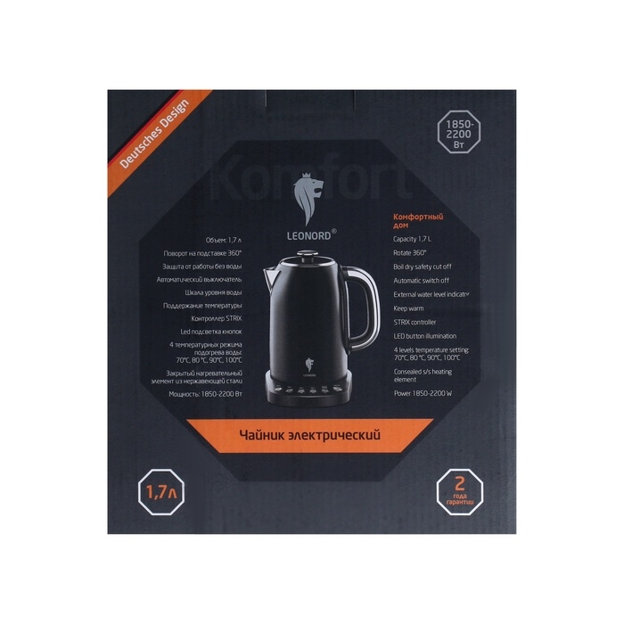 Чайник электрический Leonord LE-1509, металл, 1.7 л, 2200 Вт, чёрный Чайник электрический Leonord LE-1509, металл, 1.7 л, 2200 Вт, чёрный