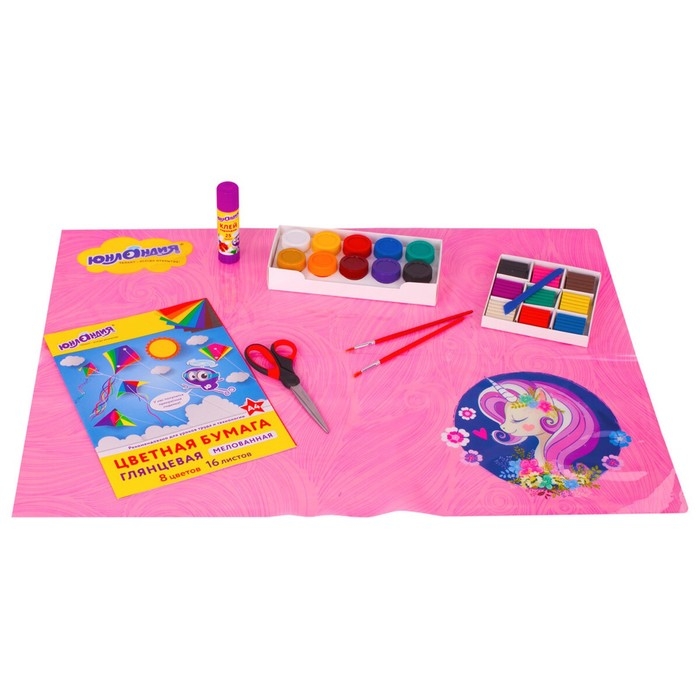 Клеёнка настольная для занятий творчеством ПВХ (складная), 700 х 500 мм, Юнландия Клеёнка настольная для занятий творчеством ПВХ (складная), 700 х 500 мм, Юнландия "Единорог"