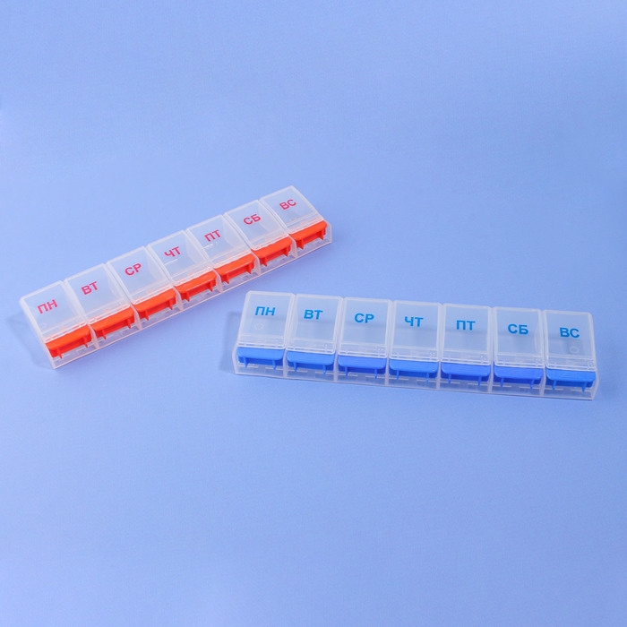 Таблетница «Неделька», русские буквы, 21,5 × 5,5 × 2,5 см, 7 секций, цвет МИКС Таблетница «Неделька», русские буквы, 21,5 × 5,5 × 2,5 см, 7 секций, цвет МИКС