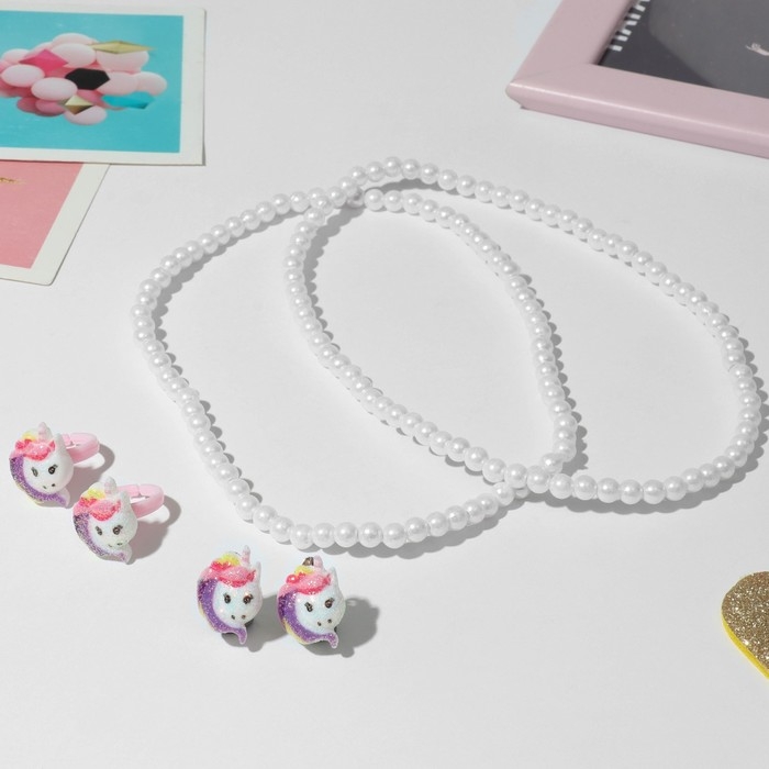 Набор детский 4 предмета: клипсы, бусы, браслет, кольцо «Единорожка», цветной Набор детский 4 предмета: клипсы, бусы, браслет, кольцо «Единорожка», цветной