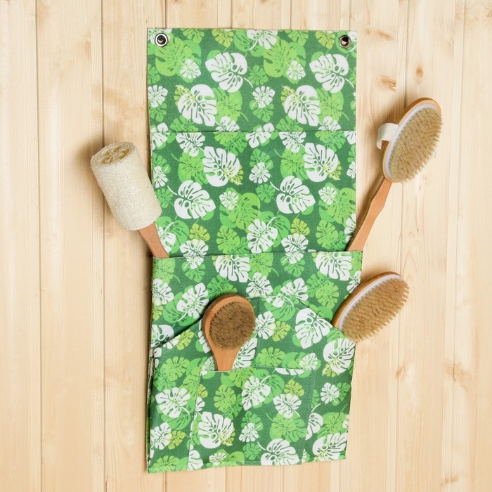 Настенный подвесной органайзер на люверсах 8 отделений, принт зеленые листья, 62х30 см, войл Настенный подвесной органайзер на люверсах 8 отделений, принт зеленые листья, 62х30 см, войл