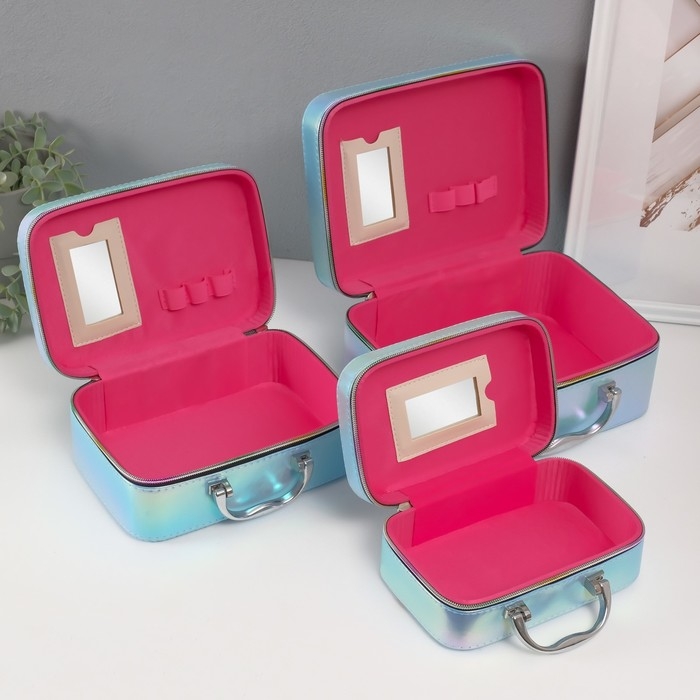 Шкатулка кожзам с зеркалом Шкатулка кожзам с зеркалом "Плетение" голубая н-р 3 шт 19,4х12,5х8 22х16х9 11,5х24,5х18,5 см