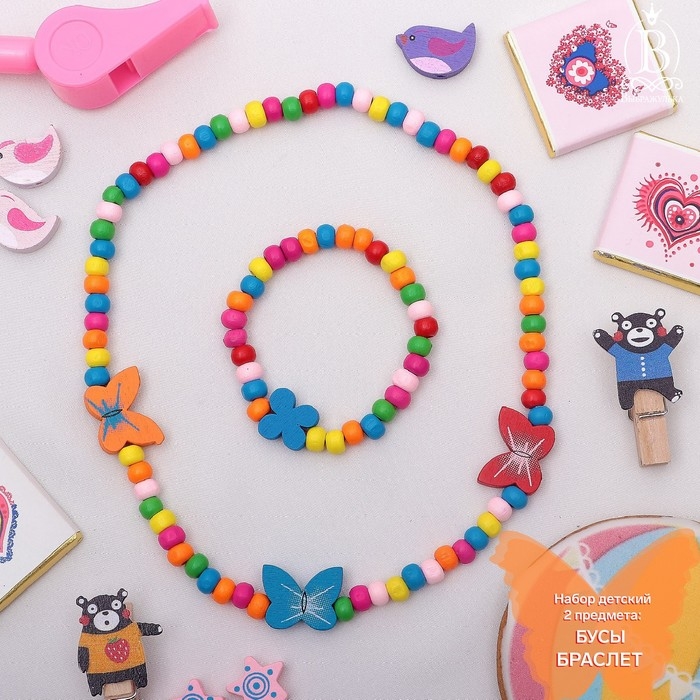 Набор детский «Выбражулька» 2 предмета: бусы, браслет, бабочки нежность, цвет бело-розовый Набор детский «Выбражулька» 2 предмета: бусы, браслет, бабочки нежность, цвет бело-розовый