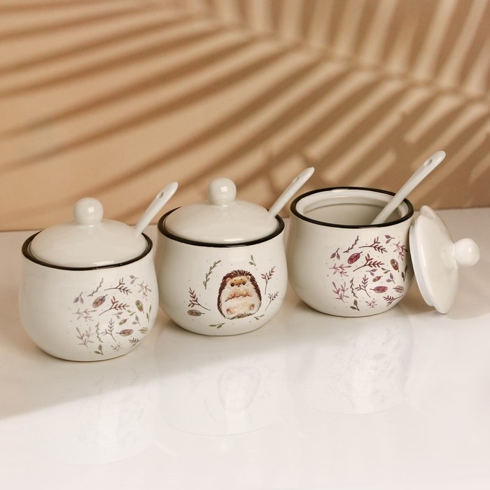 Банки керамические для специй на металлической подставке «Ёжик», 200 мл, 3 шт Банки керамические для специй на металлической подставке «Ёжик», 200 мл, 3 шт