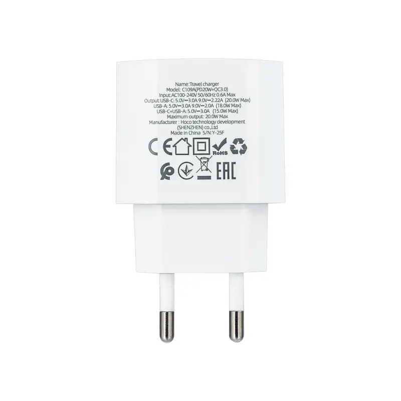 Переходник сетевого зарядного устройства на Type-C PD20W + USB QC3.0  C109A HOCO белый