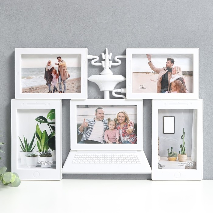Фоторамка пластик на 5 фото 10х15 см  Фоторамка пластик на 5 фото 10х15 см "Ноутбук" белая 30,5х44,5 см
