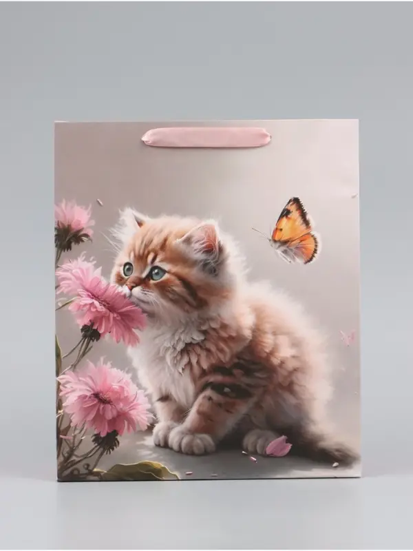 Пакет подарочный вертикальный &laquo;Котик и цветок&raquo;, 22&times;22&times;11 см