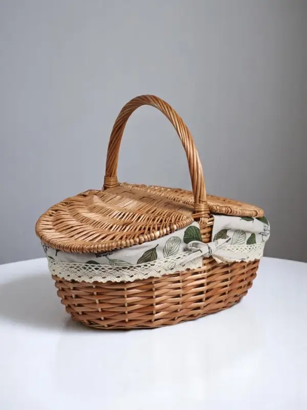 Плетёная корзина-лукошко, ткань внутри, 2 крышки, 33×25 см, Н 17/13 см, Н с ручкой 30 см, дно 23×16 см 1