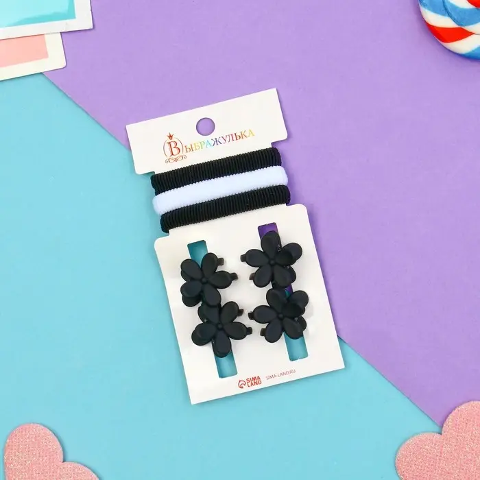 Набор для волос "Галея" (3 резинки 5 см, 4 краба 2 см) ромашка, чёрно-белый