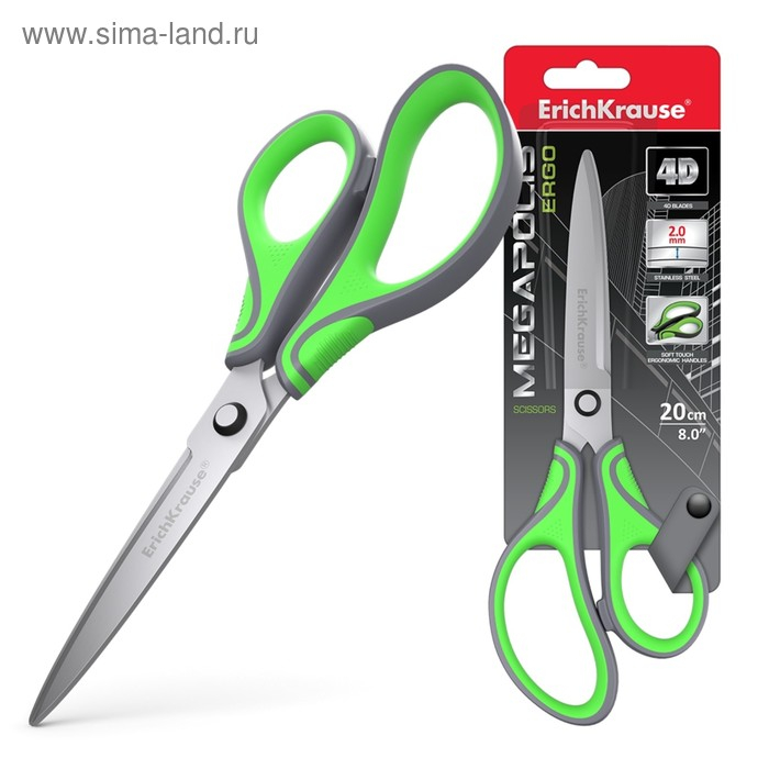 Ножницы Erich Krause Megapolis Ergo, 20 см, с усовершенствованными 4D-лезвиями, не ржавеют, ручки с резиновыми вставками, в блистере Ножницы Erich Krause Megapolis Ergo, 20 см, с усовершенствованными 4D-лезвиями, не ржавеют, ручки с резиновыми вставками, в блистере
