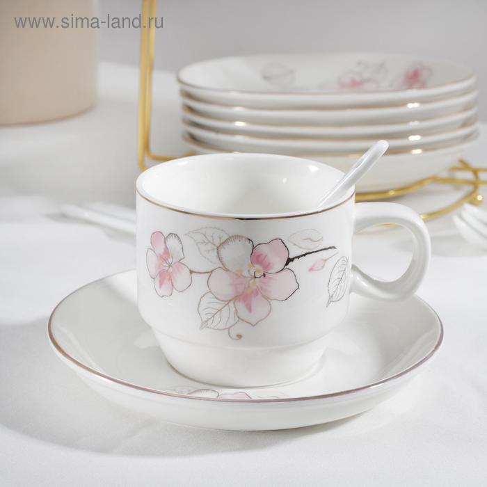 Сервиз чайный керамический на металлической подставке «Роза», 19 предметов: 6 чашек 170 мл, 6 блюдец 13,5 см, 6 ложек, цвет белый Сервиз чайный керамический на металлической подставке «Роза», 19 предметов: 6 чашек 170 мл, 6 блюдец 13,5 см, 6 ложек, цвет белый