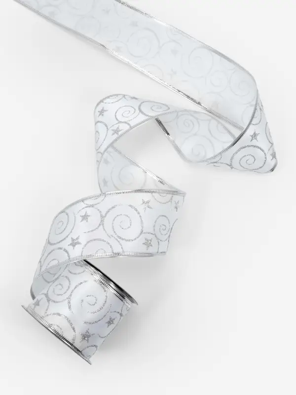 Лента атласная с металлической нитью &laquo;Узоры со звездой&raquo;, 60 мм, 9&plusmn;0.5 м, цвет белый, серебряный