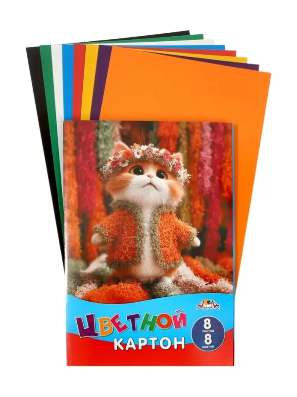 Картон цветной А4 &laquo;Милый котёнок&raquo;, 8 листов, 8 цветов, 200 г/м&sup2;, немелованный, в папке