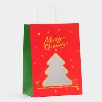 Пакет подарочный бумажный с окном &laquo;Ёлка&raquo; 30&times;22&times;14 см, крафт красный