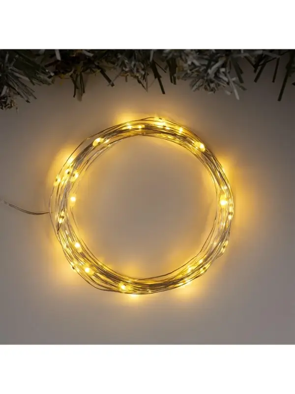 Гирлянда &laquo;Нить&raquo; 5 м, роса, IP20, серебристая нить, 50 LED, 2 режима, от батареек АА&times;3, свечение тёплое белое / мульти