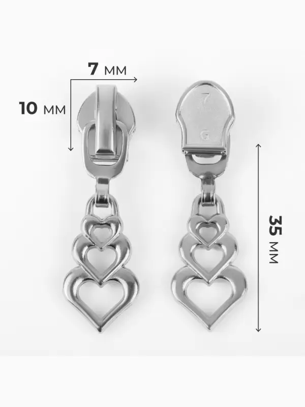 Бегунок для молнии &laquo;Спираль&raquo;, №7, &laquo;Сердца&raquo;, 10 шт., цвет никель