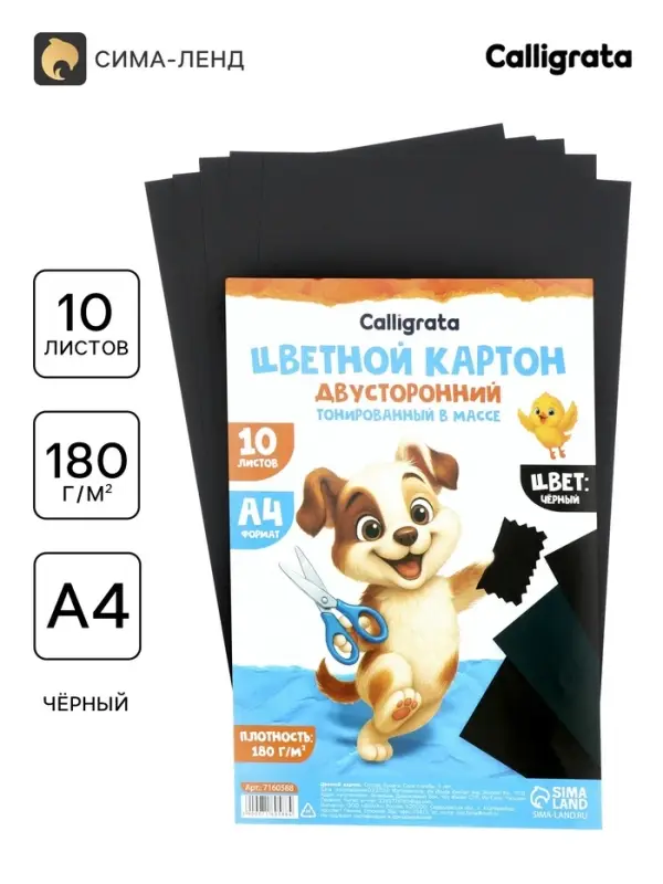 Картон двусторонний А4, тонированный в массе, 10 листов, 180 г/м&sup2;, чёрный