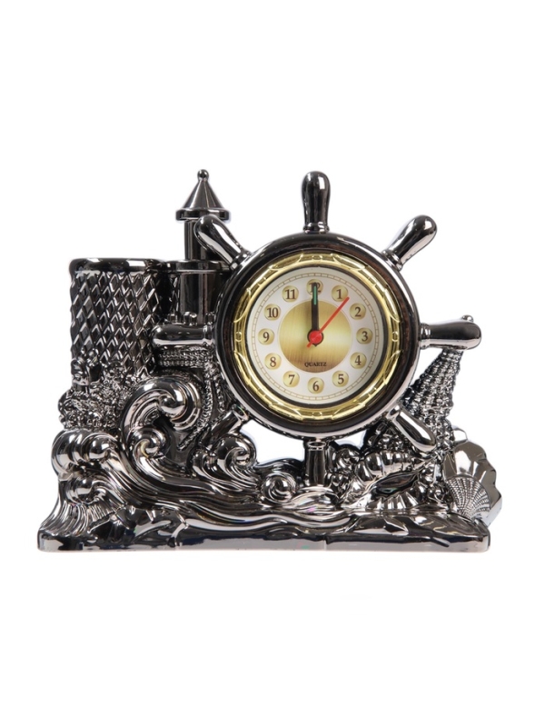 Часы настольные - органайзер для канцелярии будильник «Штурвал», 14×17×4 см Часы настольные - органайзер для канцелярии будильник «Штурвал», 14×17×4 см