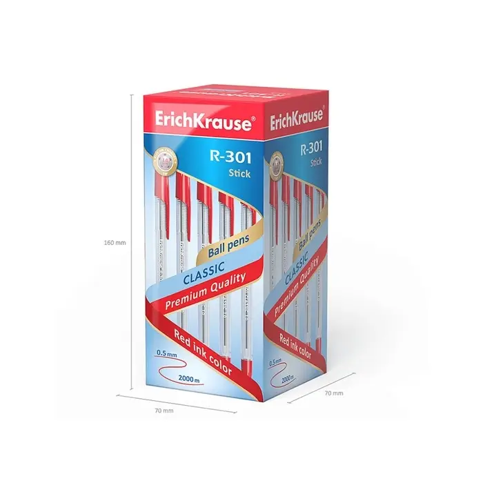 Ручка шариковая Erich Krause R=301 Classic Stick, узел 1.0 мм, чернила красные, длина линии письма 2000 метров, штрихкод на ручке