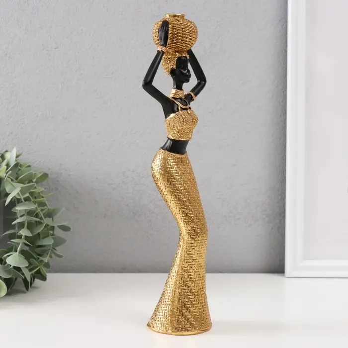 Сувенир полистоун "Африканка с плетёным круглым кувшином" золото 10х6х28 см