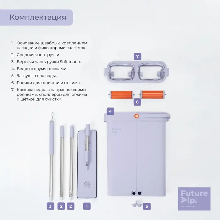 Швабра с отжимом и ведром Future Alp 4 clean system, высота швабры 140 см, 3 профессиональные насадки