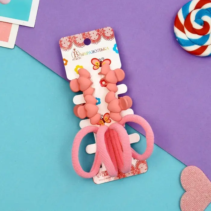 Набор для волос Набор для волос "Оливия" (4 резинки 4 см, 4 краба 3 см) сердечки, розовый