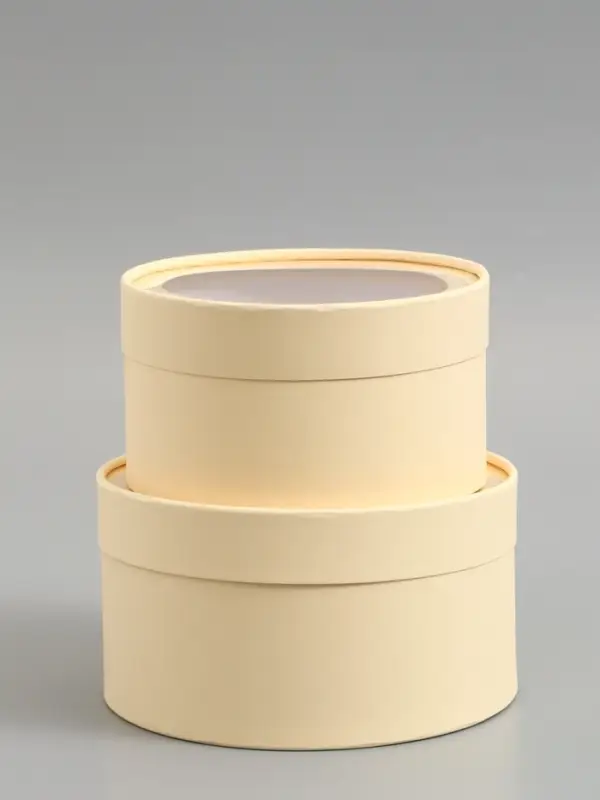 Набор подарочных коробок 2 в 1 круглых,  сливочная, с окном, 21 х 11 - 18 х 10 см