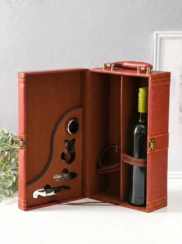 Шкатулка дерево, кожзам под 2 бутылки "Гладкая кожа" коричневая 4 предмета 34,5х20х12 см