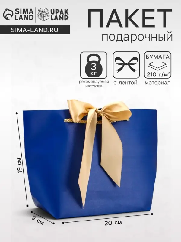 Пакет подарочный ламинированный, с лентой &laquo;Синий&raquo;, горизонтальный 19&times;20&times;9 см