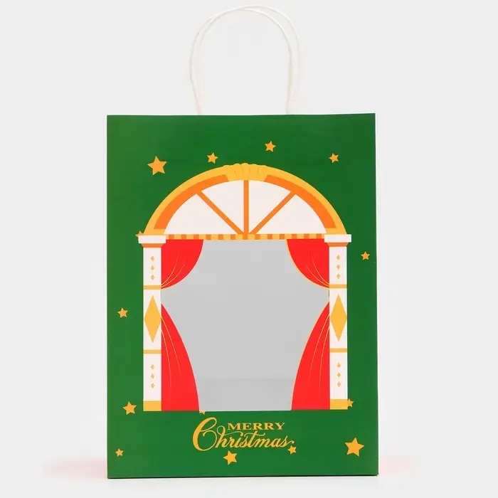 Пакет подарочный бумажный с окном &laquo;Театр&raquo; 30&times;22&times;14 см, крафт зеленый