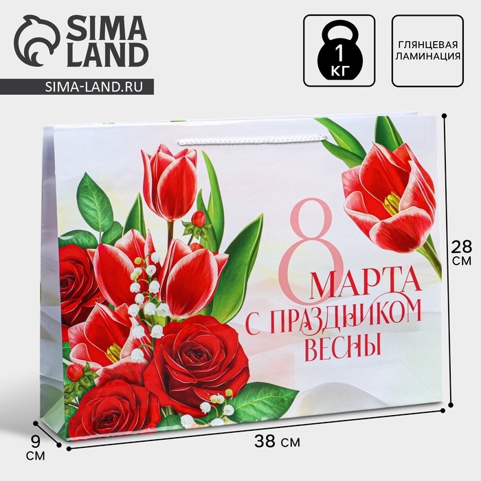 Пакет подарочный ламинированный горизонтальный, упаковка, «8 марта», L 28 х 38 х 9 см Пакет подарочный ламинированный горизонтальный, упаковка, «8 марта», L 28 х 38 х 9 см