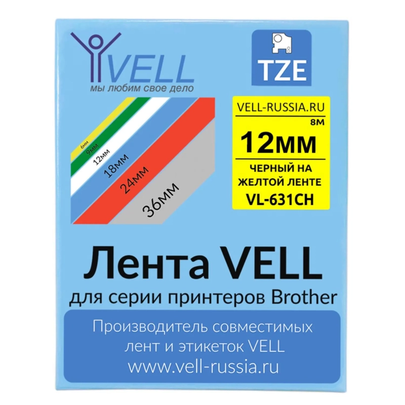 Картридж Vell VL-631CH(с чипом,12 мм,черный/желтом) для PT-100E/100ECH/D200